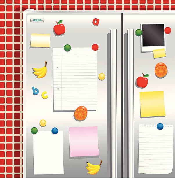 Stainless steel fridgefreezer door with magnets Stainless steel refrigerator with fridge door magnets and blank paper / polaroids for your messages. Small red tiles behind. Illustration is isolated. number magnet stock illustrations