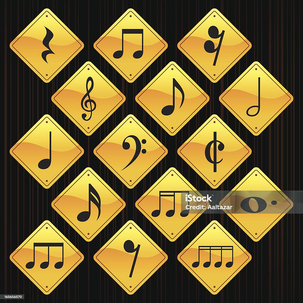 Yellow Signs - Musical Notes 15 road sign icons representing different musical notes and symbols. Black Color stock vector