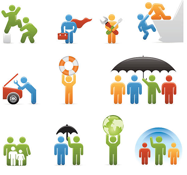 ilustrações de stock, clip art, desenhos animados e ícones de compacto conceitos: obter assistência - protection umbrella people stick figure