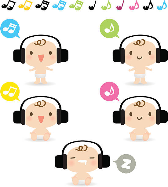 アイコンセット、emoticons -かわいい赤ちゃんの音楽を聞きながら(ヘッドフォン） - baby icons audio点のイラスト素材／クリップアート素材／マンガ素材／アイコン素材