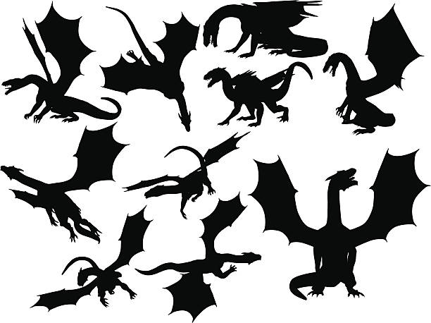 illustrazioni stock, clip art, cartoni animati e icone di tendenza di drago collezione silhouette - draghi