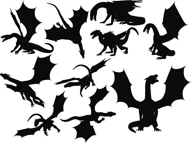 Dragon Silhouette Collection Silhouettes of a dragon in various poses. dragons stock illustrations