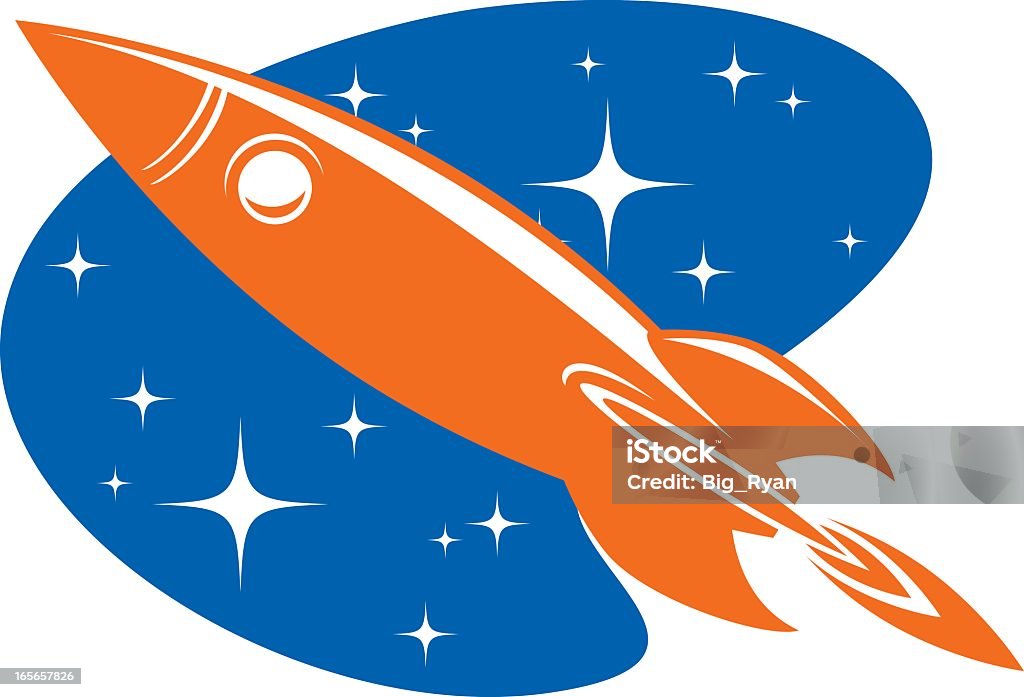 Cartoon of a red rocket in front of a star filled background retro style rocket design Rocketship stock vector