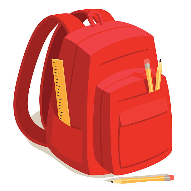 Red Back to School Backpack A red backback with various school supplies: pencils and a ruler. Layers allow for easy editing in your vector program. backpack illustrations stock illustrations