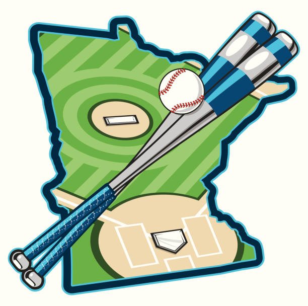 Minnesota State Baseball "A baseball diamond clipped within the shape of the state of minnesota, with a couple aluminum baseball bats and a baseball over top." baseball diamond softball baseballs backgrounds stock illustrations