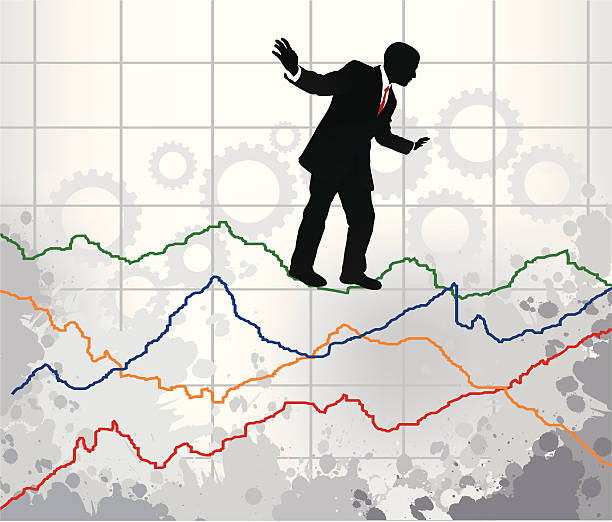 Market Evolution Businessman over a graphics chart, in equilibrium. well dressed man standing stock illustrations
