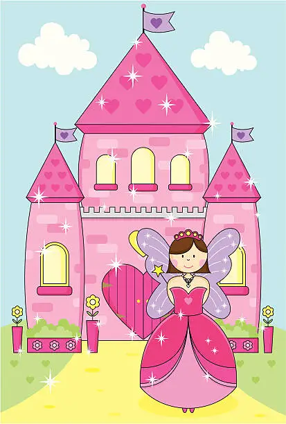 Vector illustration of Fairy Princess With Wand and Sparkly Pink Enchanted Palace.