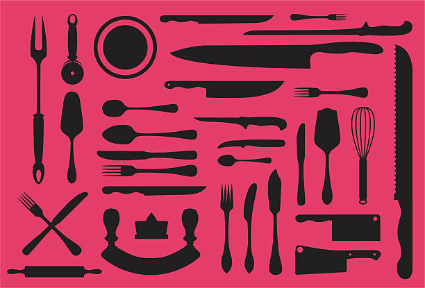 Kitchen utensils silouhette collection A huge collection of kitchen utensils: fork, spoon, cleaver, a huge set of blades and knives and many more. mezzaluna stock illustrations