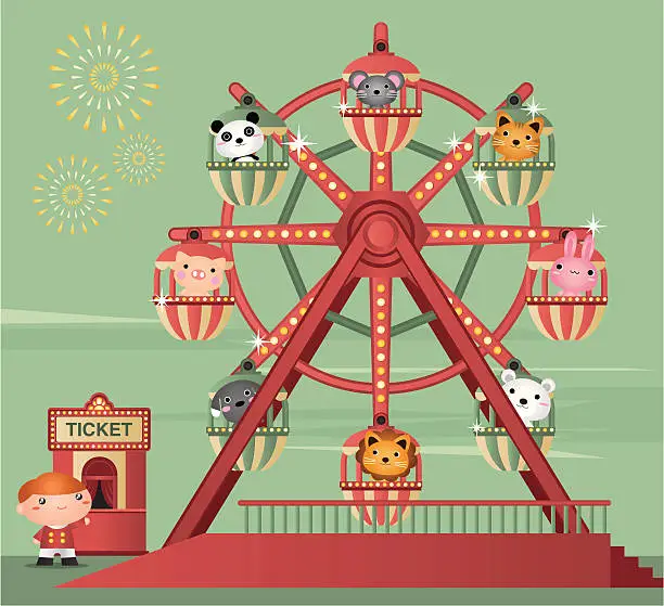 Vector illustration of Cartoon animation of zoo animals riding a Ferris wheel