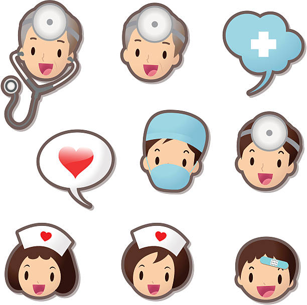 ilustrações de stock, clip art, desenhos animados e ícones de engraçado conjunto de ícones ('emoticons')-pessoal médico (médico e enfermeiro - flu virus hygiene doctor symbol