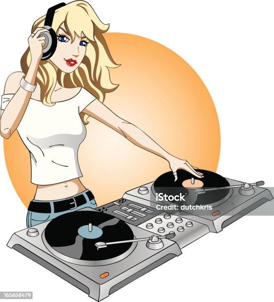 Menina Dj Arockin - Arte vetorial de stock e mais imagens de DJ - DJ, Adolescente, Auscultador - Equipamento Áudio