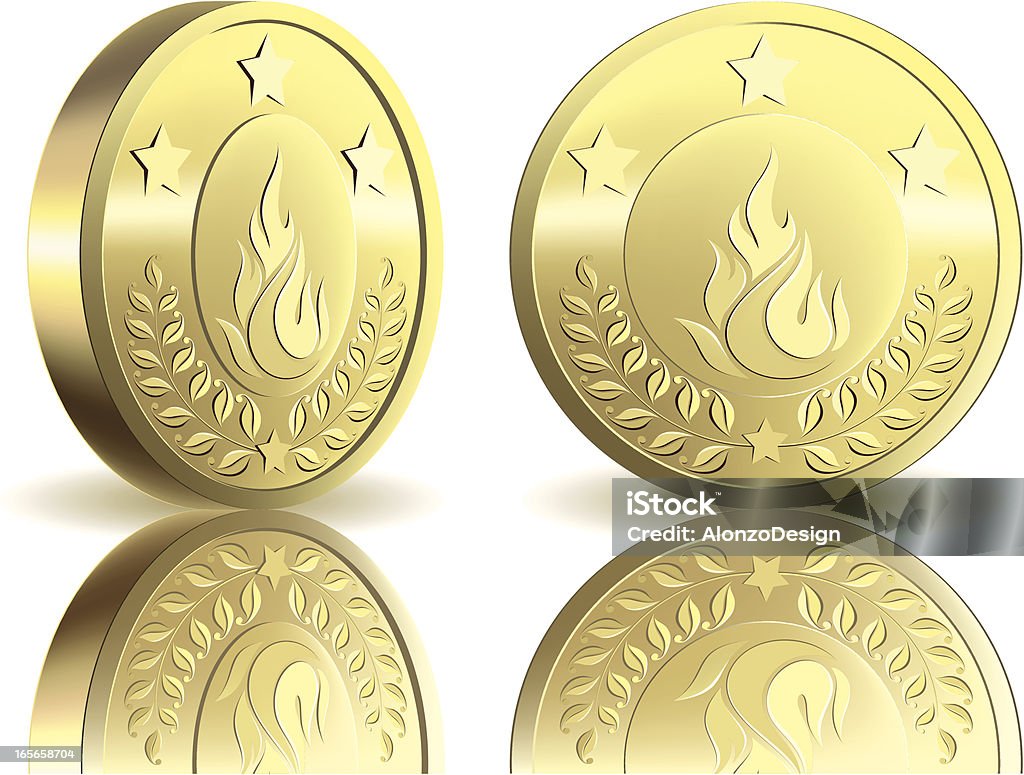 Gold medal Gold medal with flame, laurel and star shape. Vector illustration done using Adobe Illustrator CS3. High Resolution JPG,CS3 AI and Illustrator 0.8 EPS included. Coin stock vector