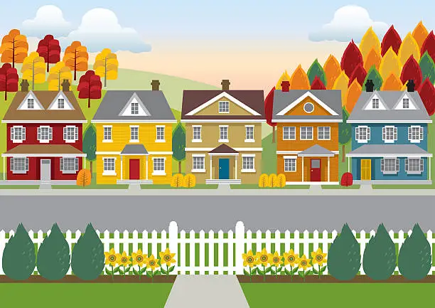 Vector illustration of Colorful illustration of a row of houses, road, and trees