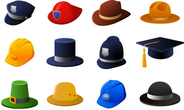 Vector illustration of Hats helmet headguear Police Fireman Sheriff Irish Bowler Hat