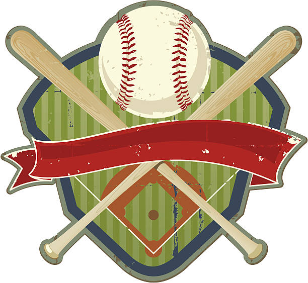 ilustraciones, imágenes clip art, dibujos animados e iconos de stock de cresta retro con campo de béisbol y los murciélagos - grunge shield coat of arms insignia