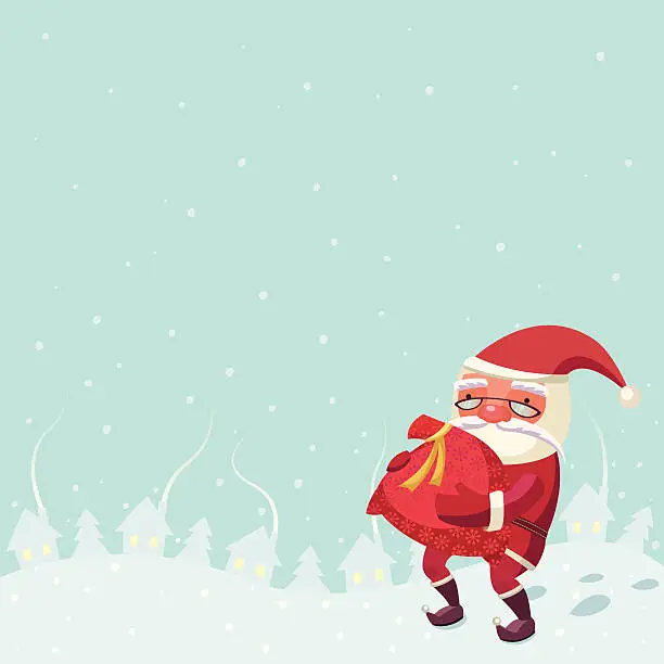 Vector illustration of Santa Claus with a bag of gifts.