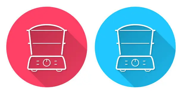 Vector illustration of Food steamer. Round icon with long shadow on red or blue background