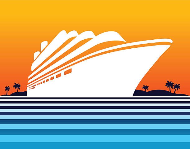 Cruise ship at sunset vector art illustration