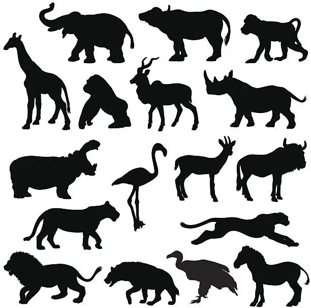 Vector illustration of African animals silhouette profiles