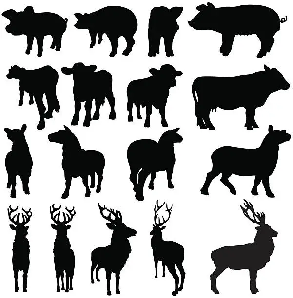 Vector illustration of Pigs, cows, sheep and deer silhouettes