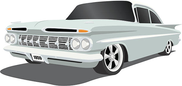 ilustraciones, imágenes clip art, dibujos animados e iconos de stock de chevrolet impala 1959 - chevrolet