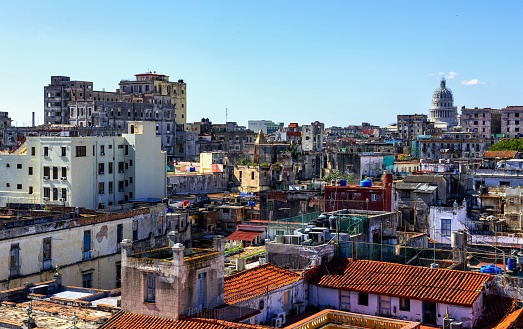 Havana, Cuba, November 20, 2017: View of the old houses in the historic district of Havana on a late afternoon.