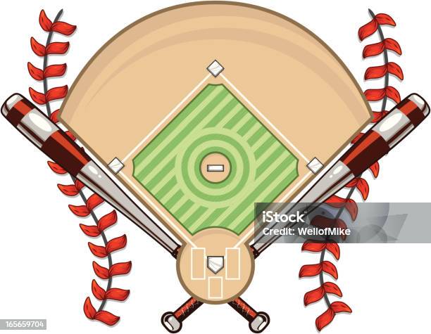 Бейсбольное Поле С Летучие Мыши И Шнурками — стоковая векторная графика и другие изображения на тему Бейсбол - Бейсбол, Бейсбольное поле, Infield