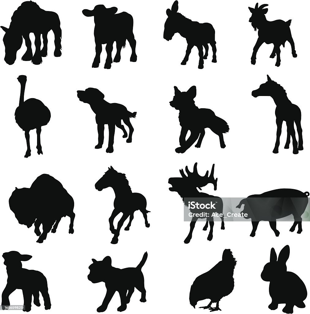 Farm animals in silhouette Animals which can be found on farm. These livestock silhouettes are in three quarter view. Donkey stock vector