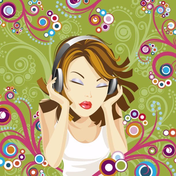 ilustraciones, imágenes clip art, dibujos animados e iconos de stock de mujer y auriculares integrados - femme fatale