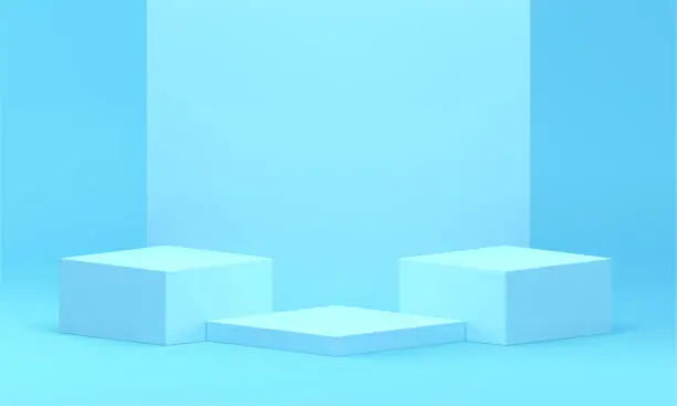 Vector illustration of Blue 3d podium squared three platform with light pastel wall backdrop realistic vector