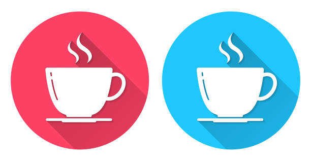 ilustrações de stock, clip art, desenhos animados e ícones de coffee cup. round icon with long shadow on red or blue background - two objects cup saucer isolated
