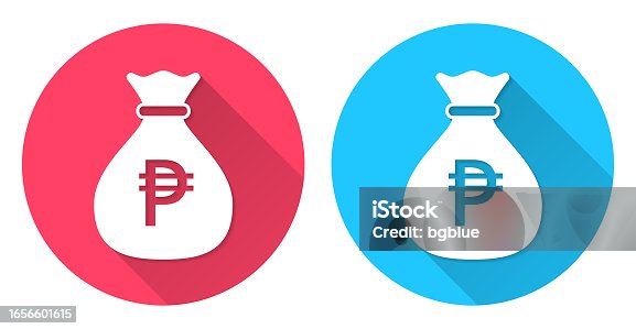 istock Money bag with Peso sign. Round icon with long shadow on red or blue background 1656601615