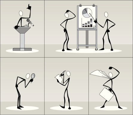 Stick figures in various business activities and poses including giving a speech, presenting a graph, examining with a magnifying glass, writing a note and being a business superhero.