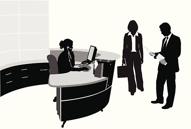 ilustraciones, imágenes clip art, dibujos animados e iconos de stock de recepción estilo happy hour"" - receptionist office silhouette business