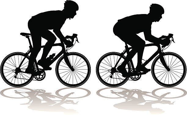 Silhouettes of carbon fiber racing bicycles with cyclists Vector illustration of two carbon fiber racing bicycles with cyclists, one in drops and one standing and sprinting. mens track stock illustrations