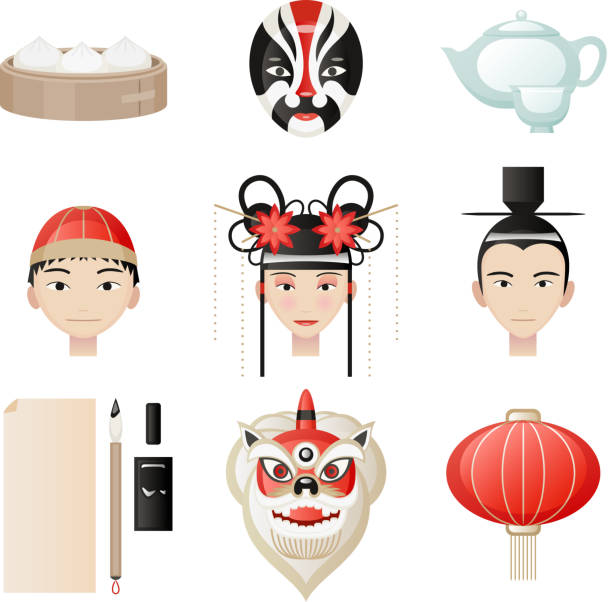 illustrazioni stock, clip art, cartoni animati e icone di tendenza di cultura cinese icona elementi culturali - chinese ethnicity god chinese new year luck