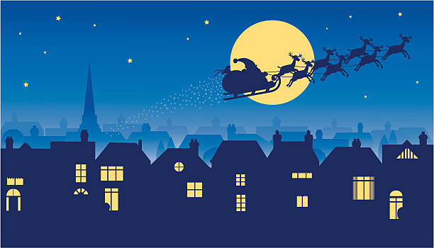 Santa riding reindeer sleigh on Christmas Eve Street scene with Santa and his reindeer flying over houses on Christmas Eve. Artwork on separate and editable layers. Download includes an AI8 EPS vector file and a high resolution JPEG file (min. 1900 x 2800 pixels). moon silhouettes stock illustrations