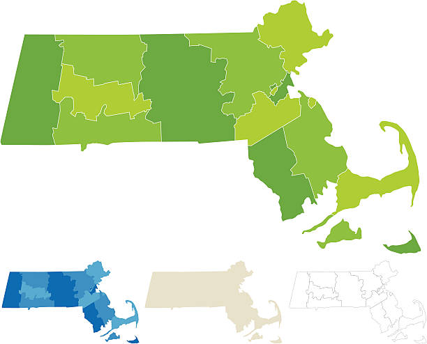 Massachusetts County Map "Highly-detailed Massachusetts county map. Each county shape is in a separate labeled layer. All layers have been alphabetized for easy manipulation, recoloring or other use. (note: labels only available in AICS2 and AI10 files)" massachusetts map stock illustrations