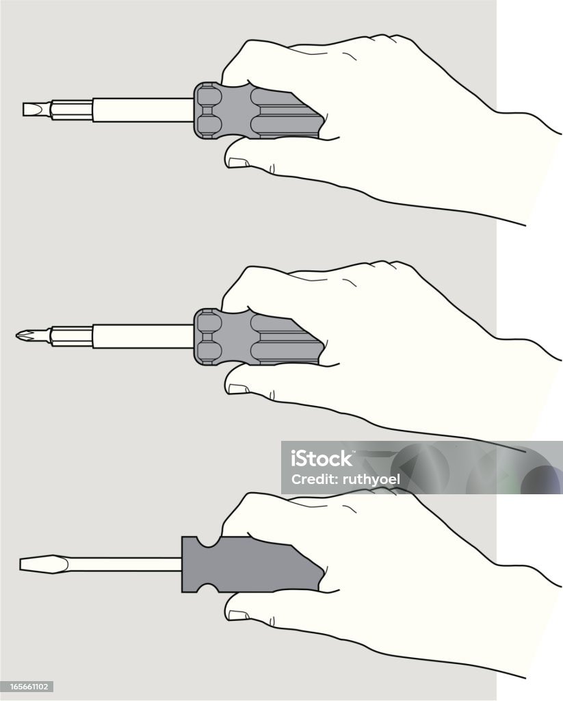 Hand with a screwdriver A line art illustration of a hand with 3 kinds of screwdrivers.  Instructions stock vector