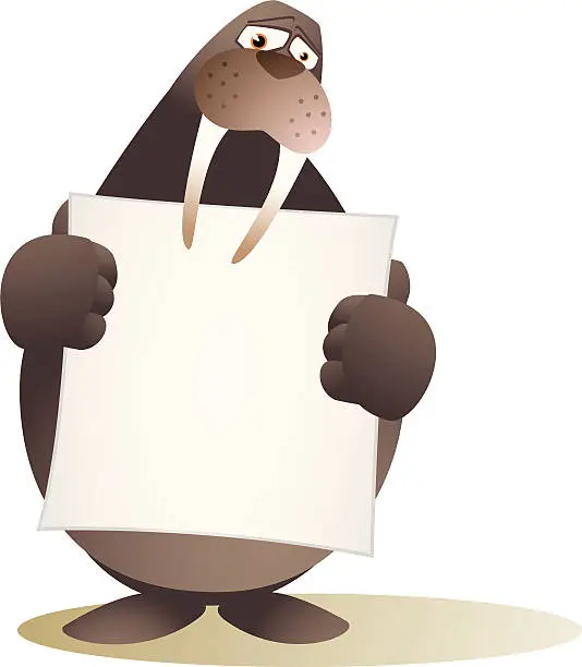 Vector illustration of Walrus holding a blank banner