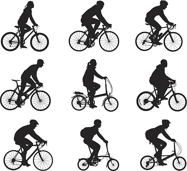 ilustraciones, imágenes clip art, dibujos animados e iconos de stock de siluetas de personas montar bicicletas - bicycle isolated white background cycling