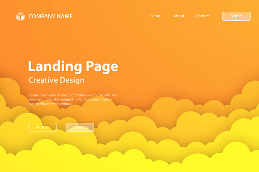 Landing page template for your website. Flight above the clouds, modern and trendy background. Cloudy sky with beautiful color gradient in a paper cut style. This illustration can be used for your design, with space for your text (colors used: Yellow, Orange). Vector Illustration (EPS file, well layered and grouped), wide format (3:2). Easy to edit, manipulate, resize or colorize. Vector and Jpeg file of different sizes.