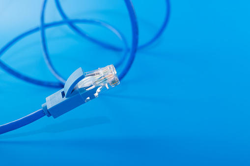 router cable, online communication in a computer network, blue background