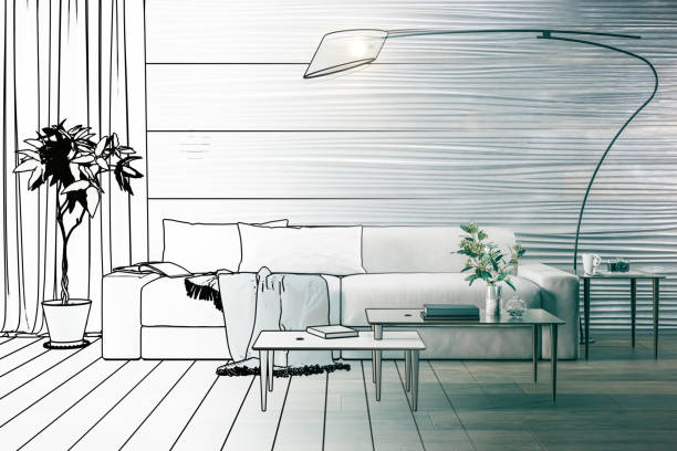 istock Draft of living room interiors: contemporary sofa set in white textile - 3D visualization 1656655820