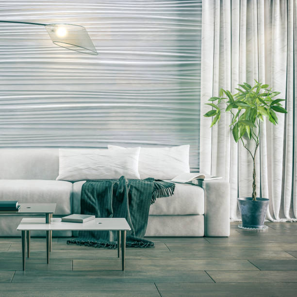 istock Living room interiors: contemporary sofa set in white textile 03 - 3D visualization 1656657425