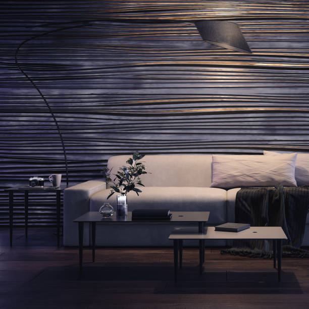 Living room interiors by artificial light: contemporary sofa set in white textile - 3D visualization