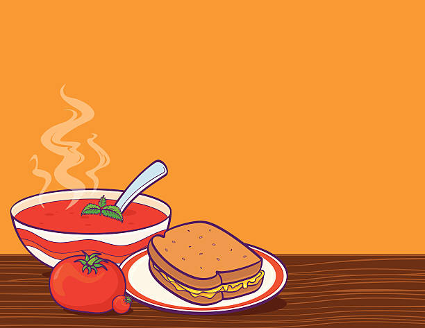 Tomato Soup Bowl of hot tomato soup with grilled cheese sandwich. Includes CS2 & high res JPEG. Please see my lightboxes for other food illustrations! soup and sandwich stock illustrations