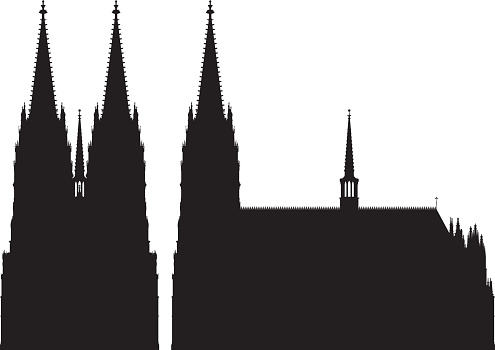 A highly detailed silhouette of Cologne Cathedral, with a front view and a side view.