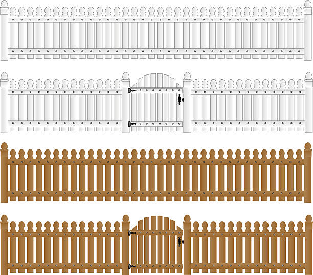 Graphic designs of white and brown fences and gates vector art illustration