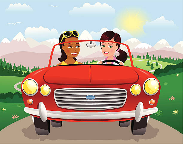 mädchen mit dem auto cabrio-auto auf die berge - classic sports car travel destinations status car stock-grafiken, -clipart, -cartoons und -symbole